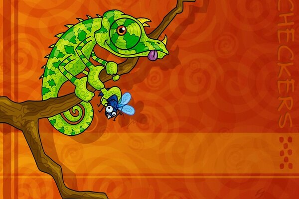 Мультяшный хамелеон поймал муху