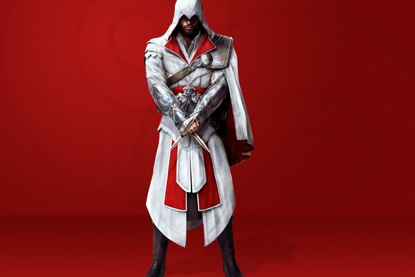 The character of Assassin s creed stands in the center on a red background in white clothes