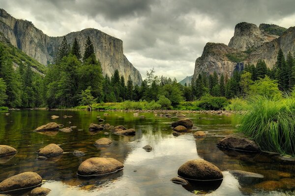 Mountain landscape river stones