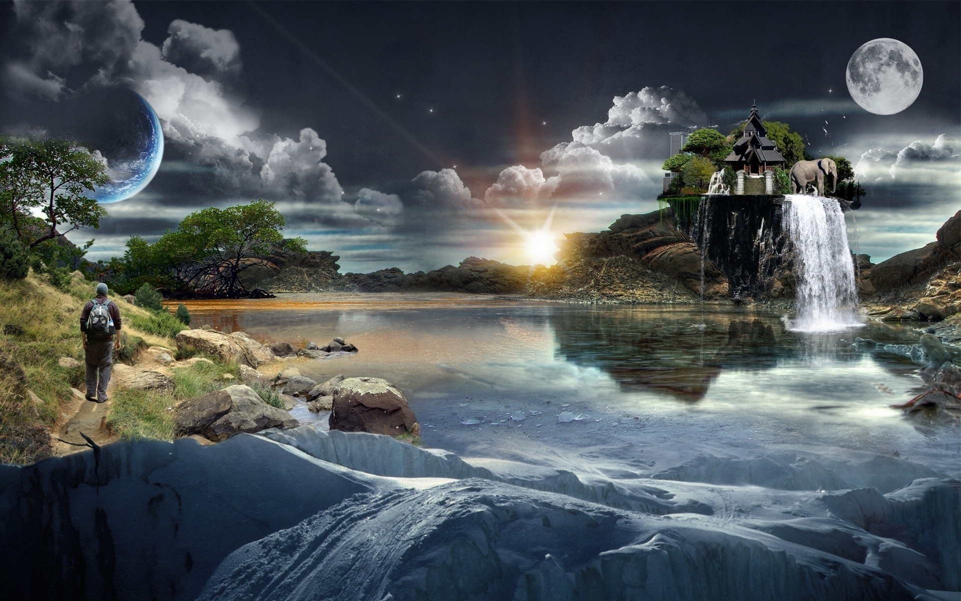 photo manipulation water landscape travel rock nature sky outdoors waterfall river environment light sunset fantasy art digital clouds