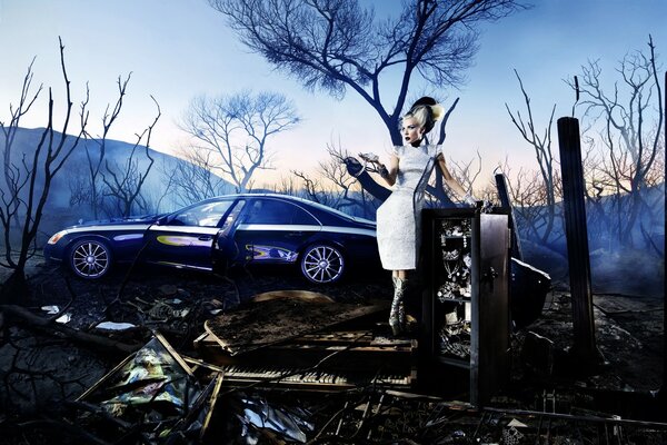 Maybach limousine on the background of the apocalypse