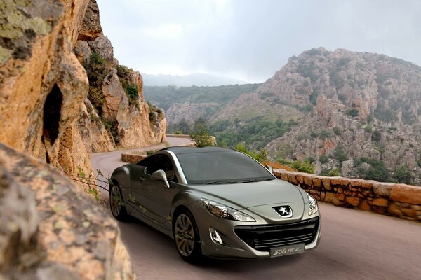 Peugeot preto na estrada da montanha