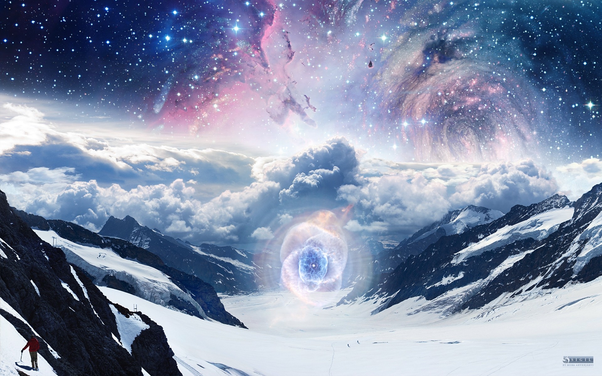 photo manipulation snow winter exploration mountain cold sky ice landscape mountains clouds stars