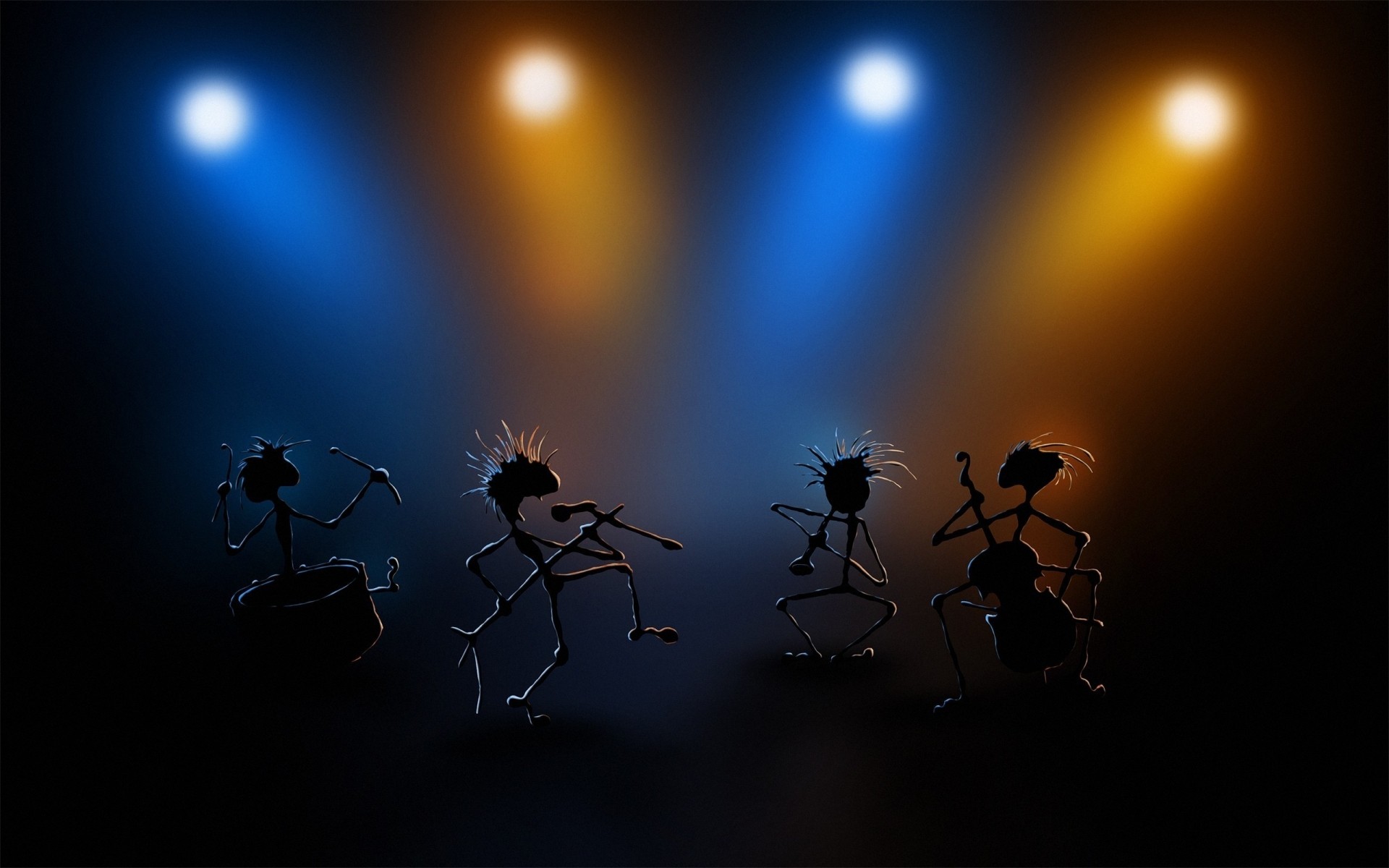 cartoons blur silhouette spider party festival light abstract insect music stage art sun concert color figures blue instruments