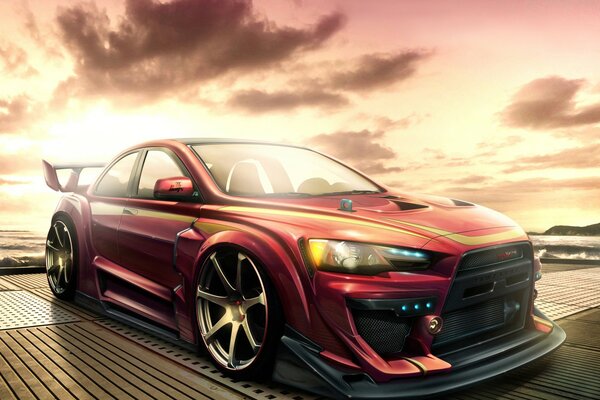 Un automóvil mitsubishi de color rojo contra un cielo nublado