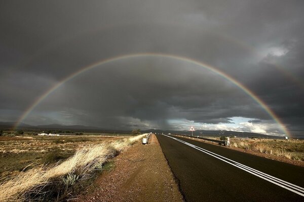 Double rainbow on a gloomy sky background