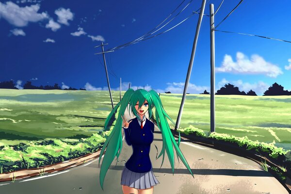 A girl with green hair in a field