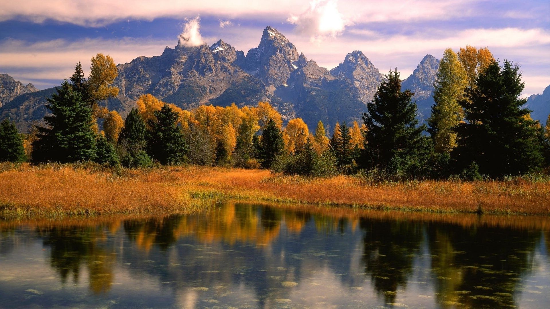 mountains lake reflection water landscape nature fall dawn outdoors wood tree sunset composure scenic river sky placid