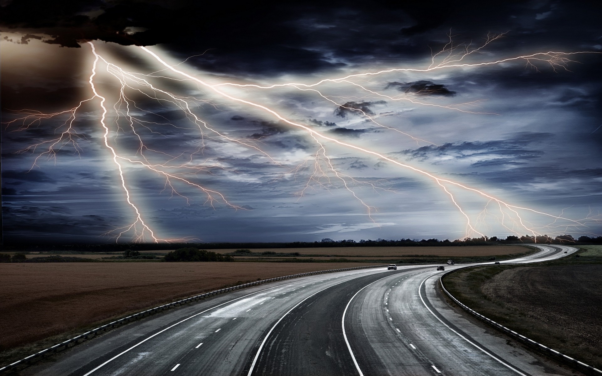 landscapes road highway asphalt storm dramatic sky landscape evening street transportation system travel long fast guidance thunderstorm sunset light dusk dark cars night roads way scenery nature