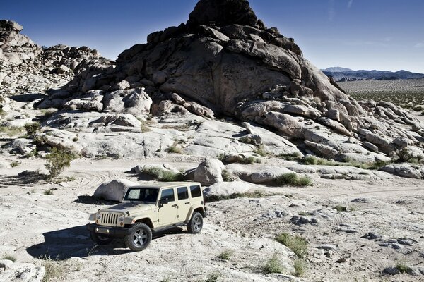 Jeep in the middle of the desert mountains