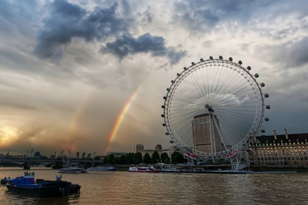 Evening embankment and double rainbow