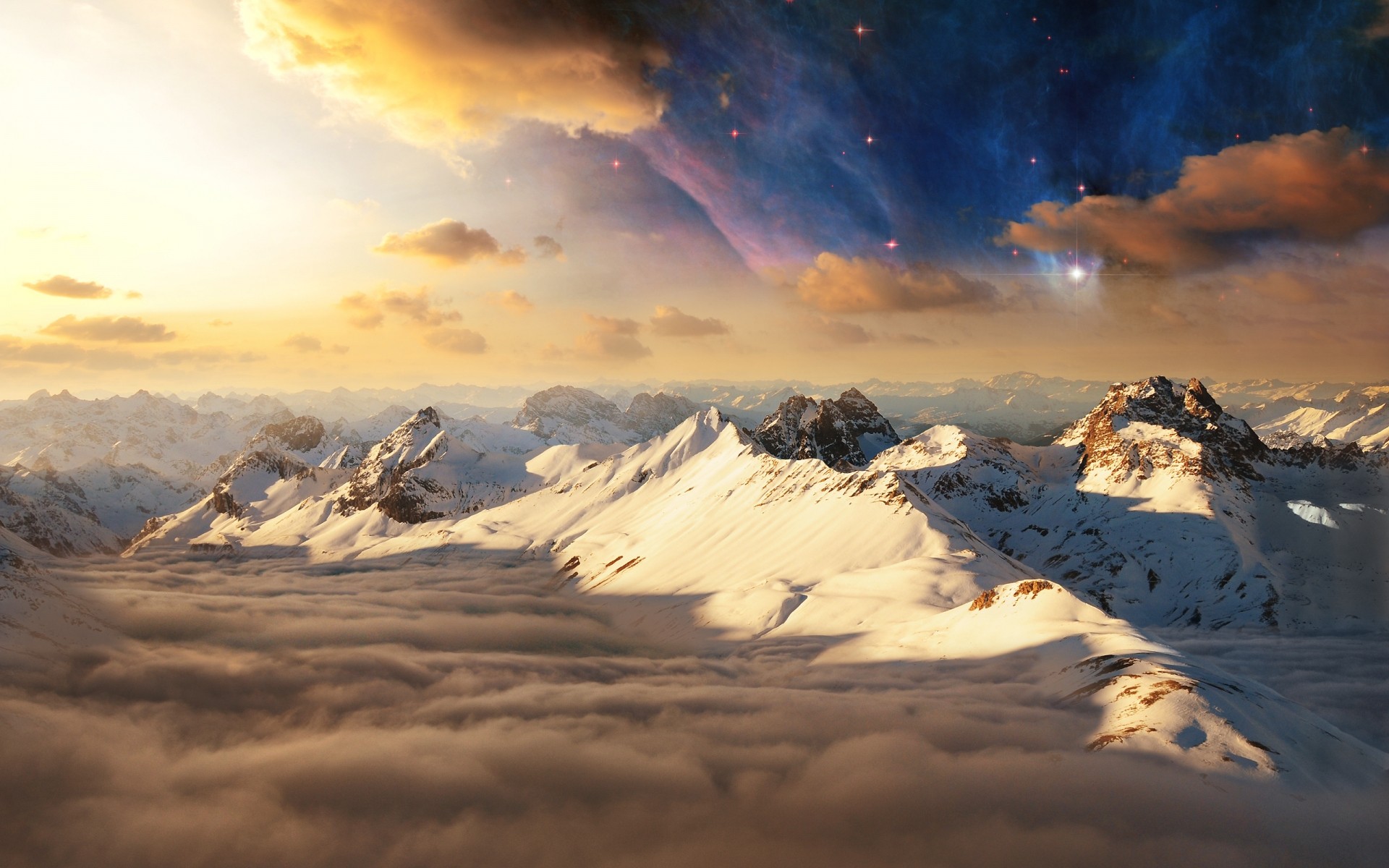 photo manipulation snow mountain sunset winter landscape sky dawn ice travel cold fair weather nature light evening mountains clouds