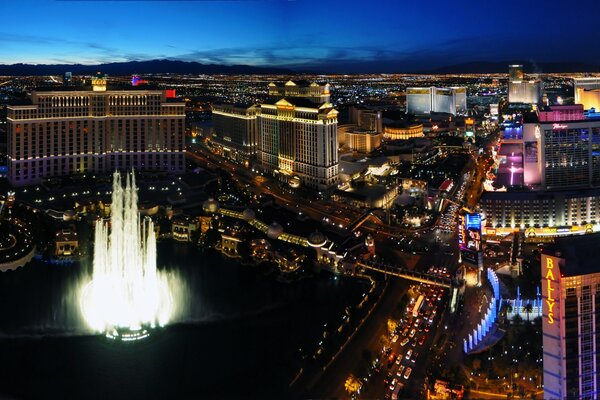 The night city in the lights of the USA in the twilight