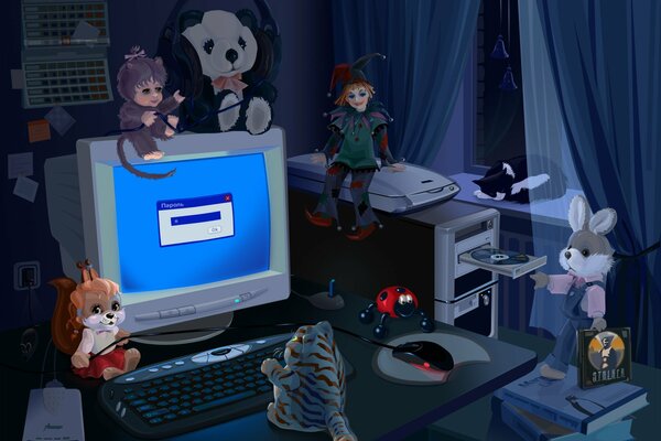 Игрушки около компьютера ночью
