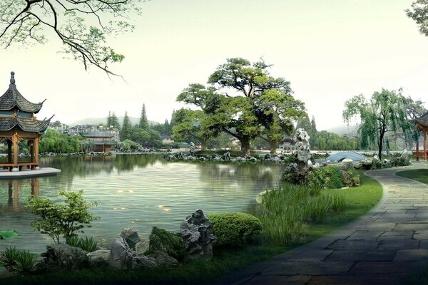 Japanese-style park with a lake and pagodas