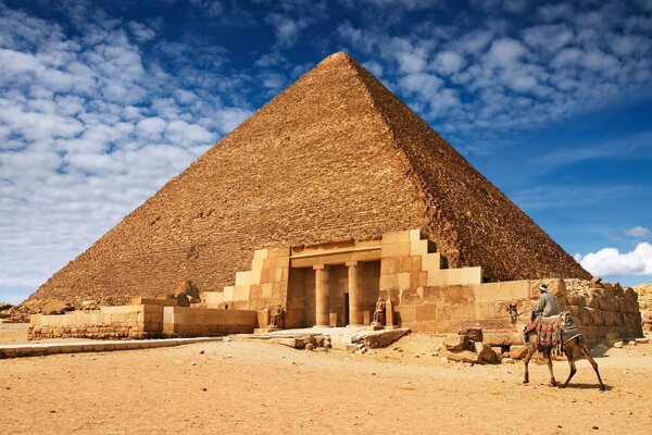 A camel walks through the desert past the pyramid