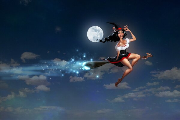 Cartoon girl on a broomstick flying across the sky under the moon