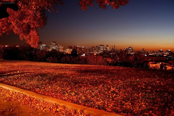 Pôr do sol de outono sobre a cidade cansada