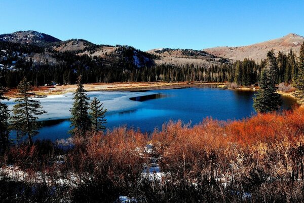 Landscape with a lake half covered with ice