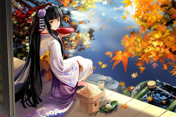 Anime. fille et feuillage d automne
