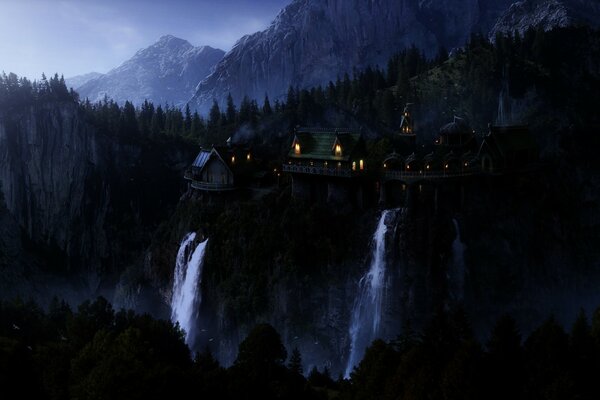 Paysage sombre de cascade de montagne