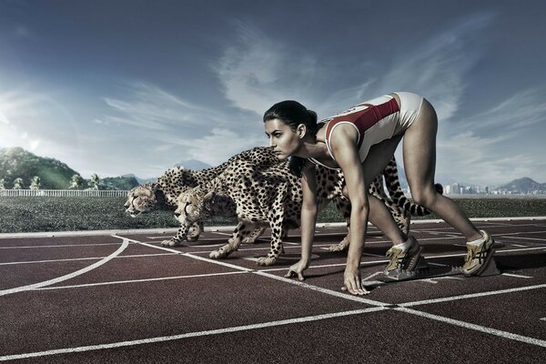 The girl is an athlete on a par with the cheetahs at the start