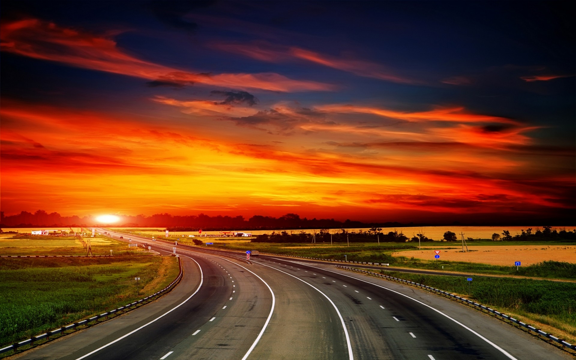 landscapes road highway fast traffic transportation system asphalt car expressway drive long blur street guidance dramatic hurry motion travel perspective dusk night motorway clouds sky