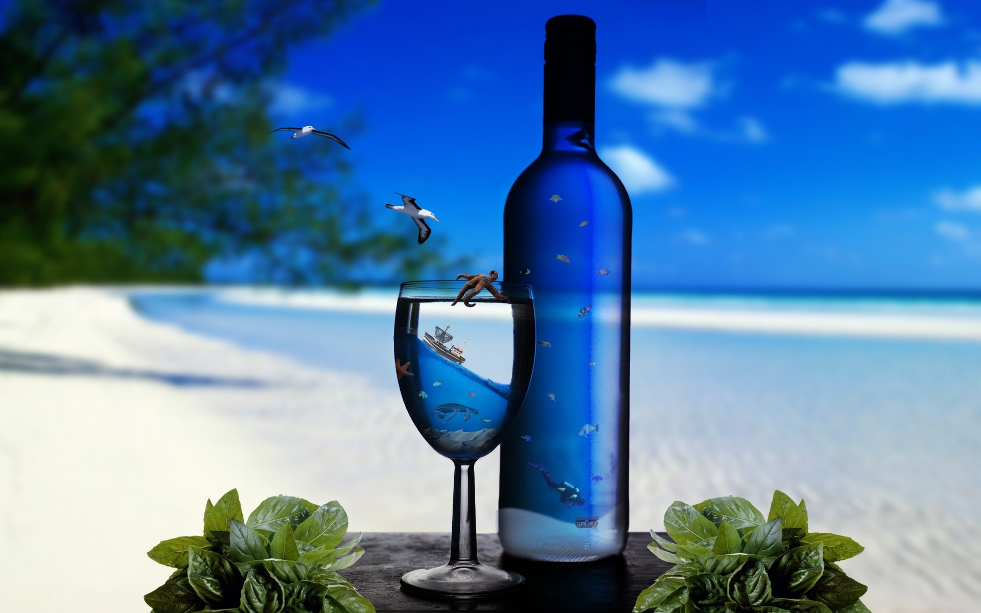 fantasia vino vetro bere estate bottiglia mare blu