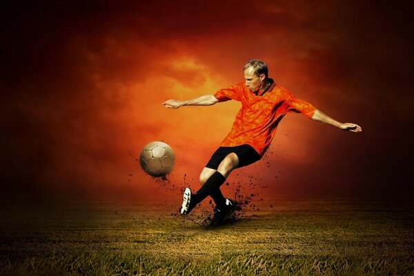 Fußballer auf dem Feld kickt den Ball