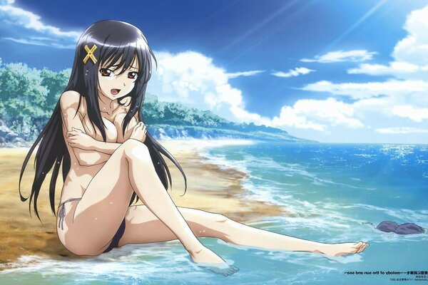 Anime girl in erotic form on the beach by the sea