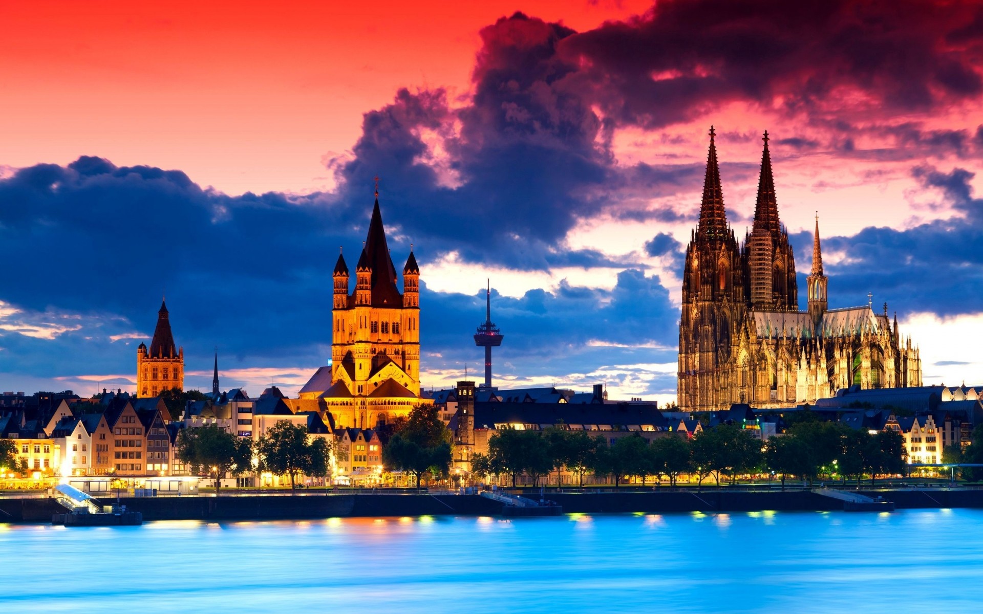 germany architecture travel church building cathedral dusk city sky landmark evening tower old river religion gothic tourism illuminated urban night lights