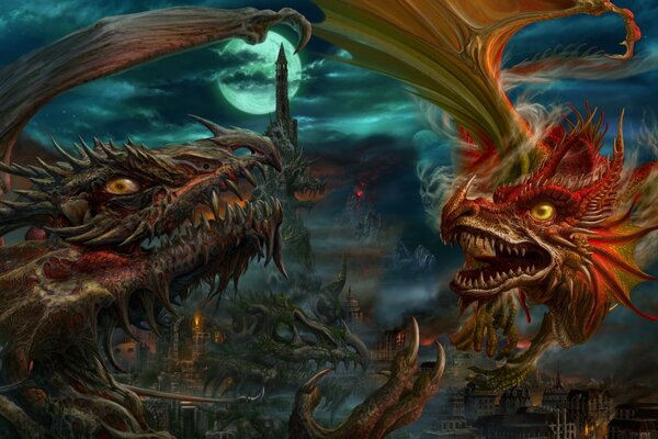 Deux dragons volent dans le ciel