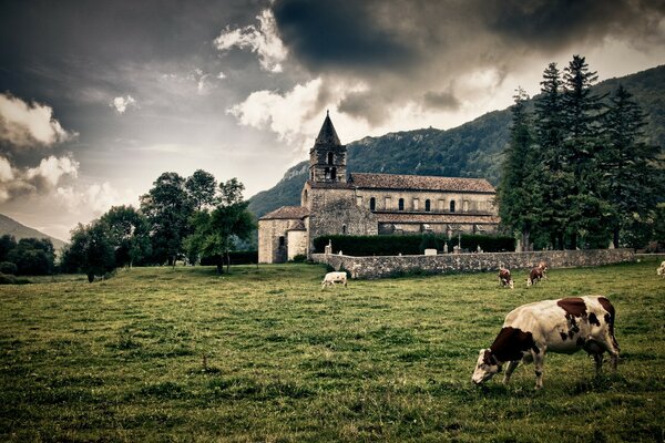 Schloss vor dem Hintergrund des von Wolken verschärften Himmels