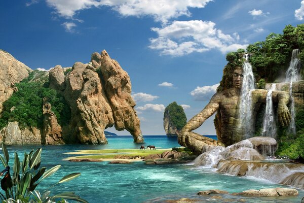 An island with a rock in the form of a Buddha and a waterfall