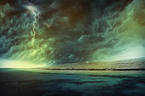 An impending storm at sea. Lightning bolts