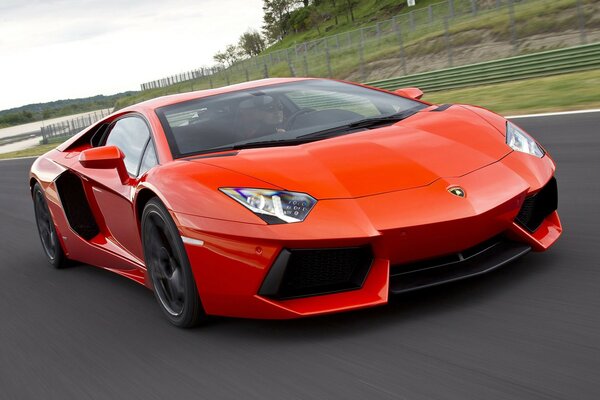 Hermoso coche rojo en la carretera