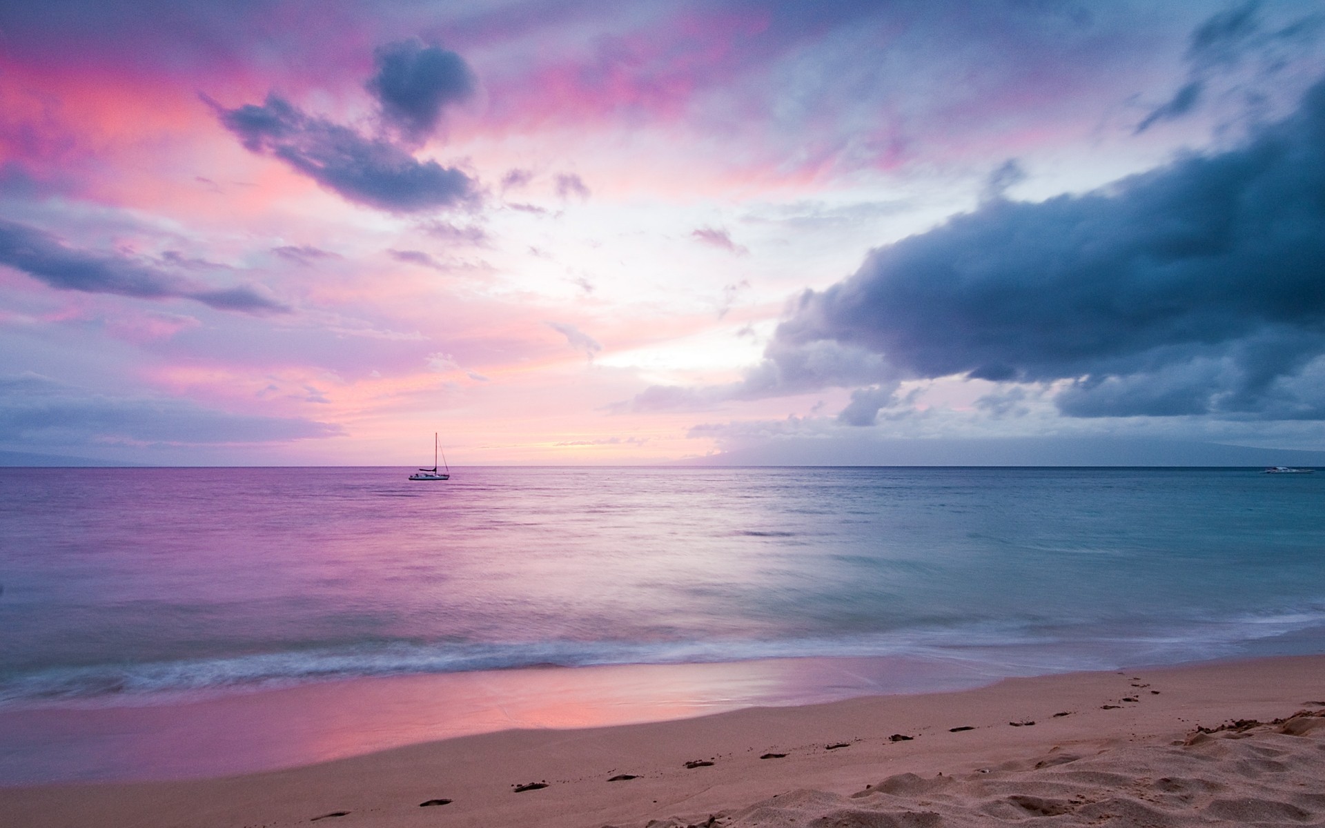 landscapes water sand beach sunset summer sea sun ocean seashore tropical fair weather dawn travel nature seascape sky dusk relaxation landscape boat purple hawaii pink