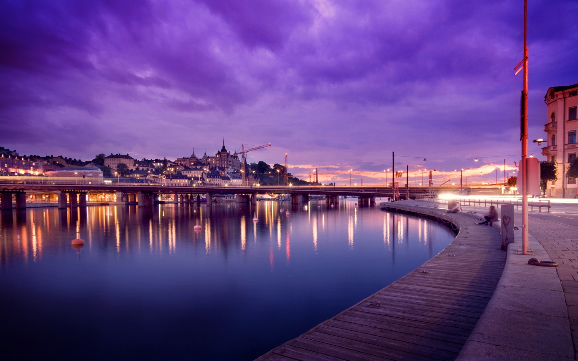 other city water sunset pier dusk bridge city reflection travel dawn river sea sky evening architecture harbor building ocean cityscape waterfront skyline urban sweden purple