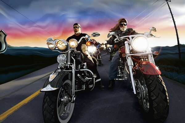 Men on motorcycles on the road. Beautiful sunset