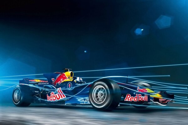 Un coche de carreras con el símbolo De red Bull en la luz azul