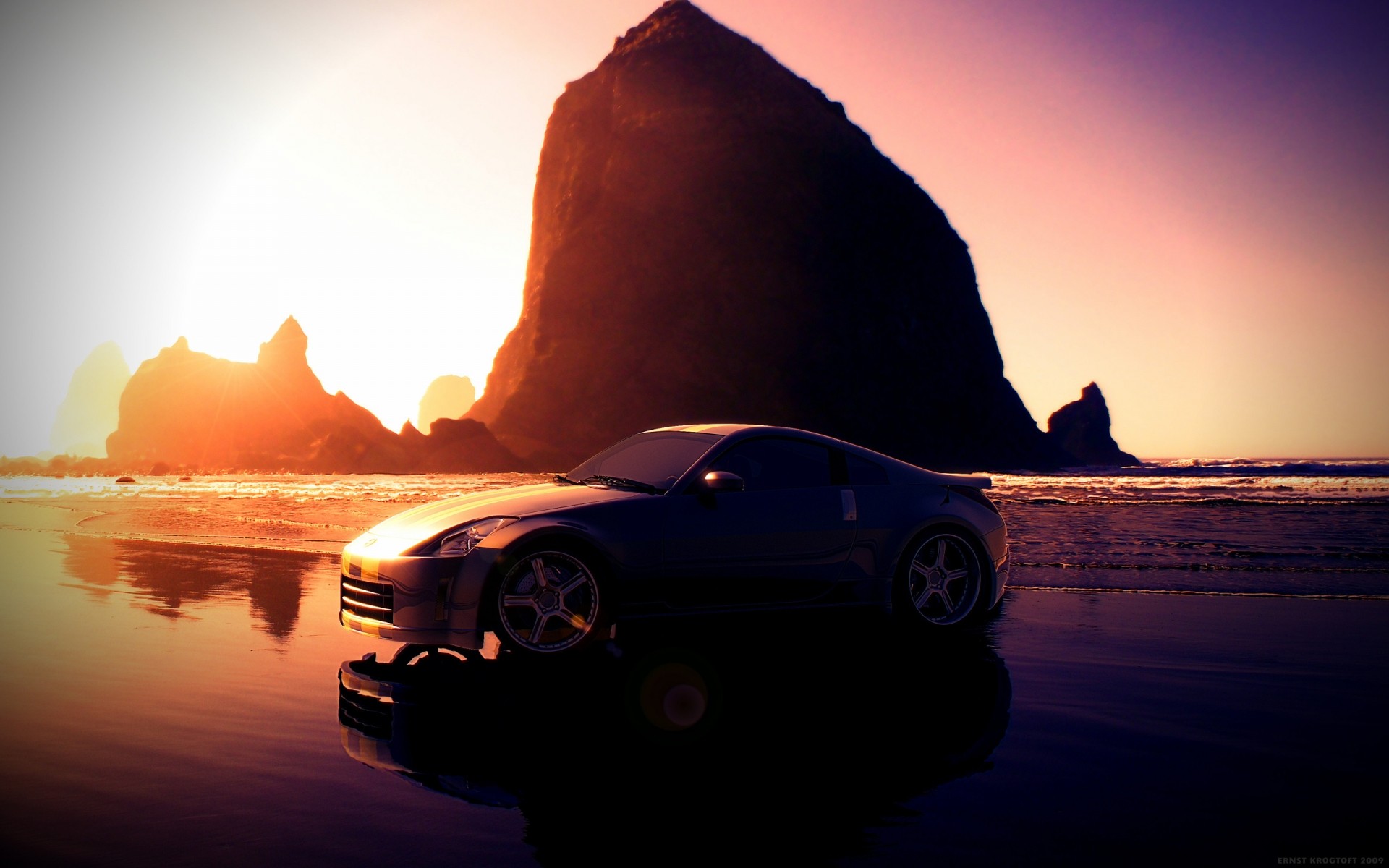 nissan sunset beach water ocean sea travel sun dusk seashore dawn reflection sky evening vehicle sand landscape light nissan 350z