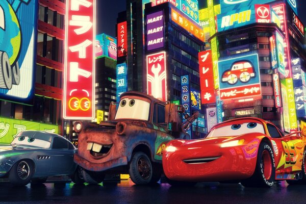 Cartoon cars on the background of urban advertising