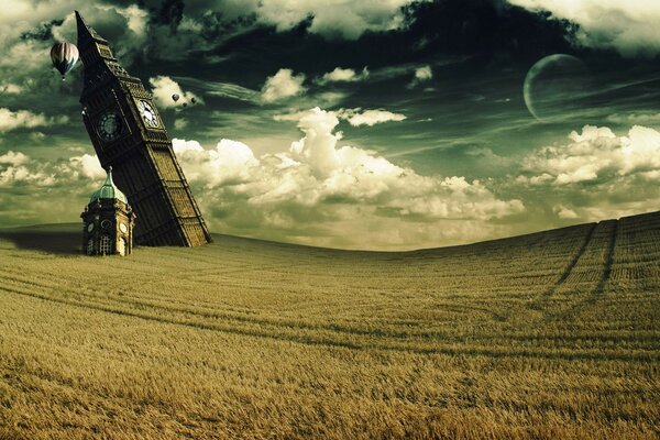 Mira el Big Ben en el campo contra el cielo nublado