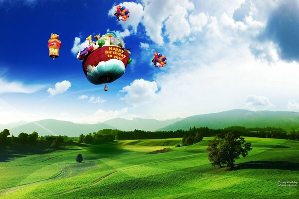 Big flying balls over a green field