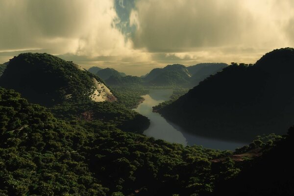 Mountain lake surrounded by fog