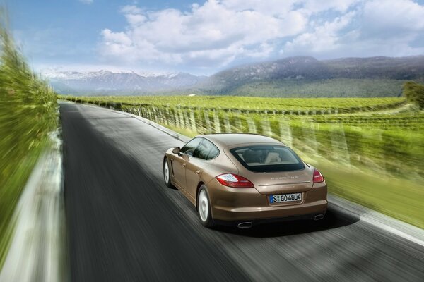 Porsche rushes along the highway against the background of nature