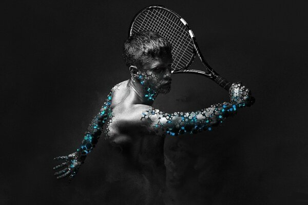 On a dark background, a tennis player with a racket