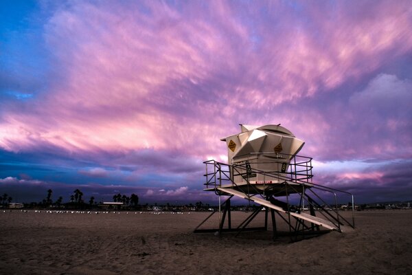 Rescue booth on the background of purple sky