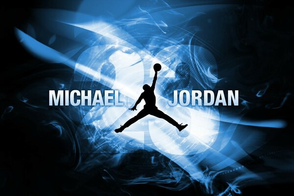 Die Inschrift von Michael Jordan und die Silhouette eines Basketballspielers im Sprung