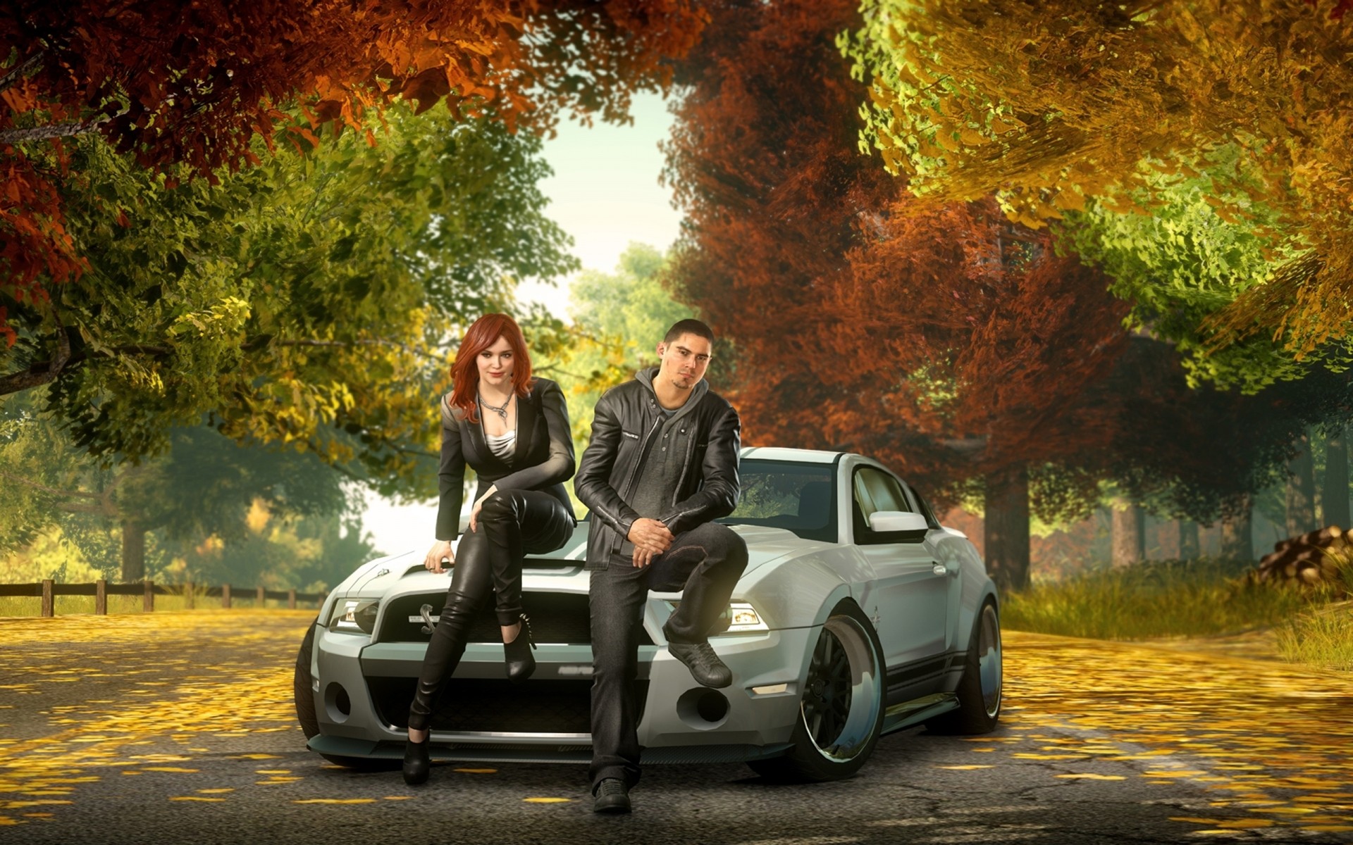 need for speed ragazza strada adulto all aperto donna autunno parco albero auto paesaggio bello viaggio sam jack giochi ford mustang